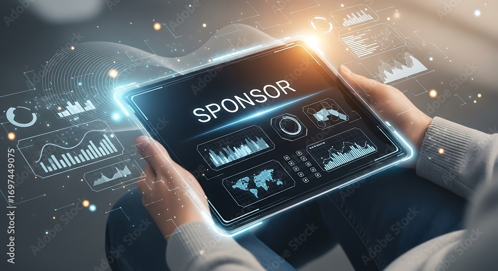Poster hands holding tablet displaying sponsor data analytics