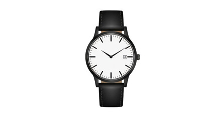 A classic black leather strap wristwatch with a white dial and black hour markers is isolated on a transparent background