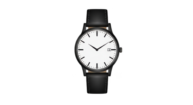 A classic black leather strap wristwatch with a white dial and black hour markers is isolated on a transparent background