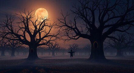 Spooky Halloween Scene Eerie Scarecrow in Foggy Forest under Harvest Moon  Digital Illustration