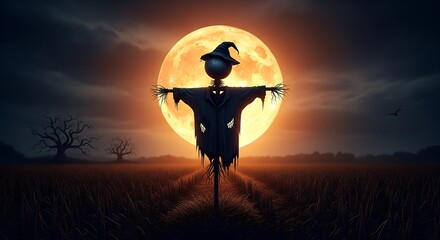 Spooky Halloween Scarecrow Silhouette Against a Harvest Moon Eerie Digital Art for Autumnal and Halloween Designs  Websites  and Social Media