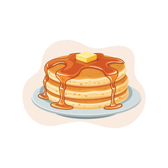 Delicious stack of fluffy pancakes with melted butter and syrup drizzle on a plate vector