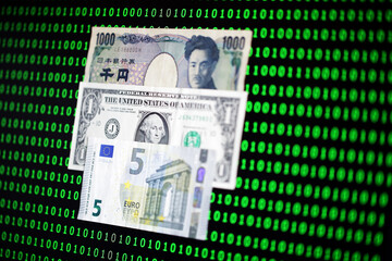 Currency and Digital Code Integration Representing Global Economy