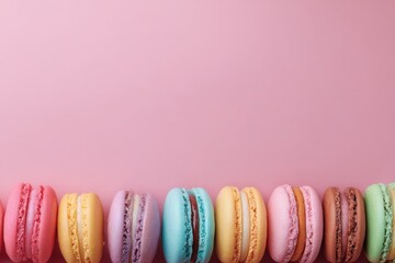 Colorful macaron pastry display in a row on a pink background perfect for dessert lovers and food enthusiasts alike