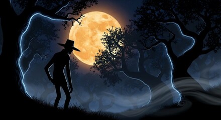 Spooky Halloween Silhouette Mysterious Figure in a Haunted Forest Under a Full Harvest Moon  Digital Art Illustration