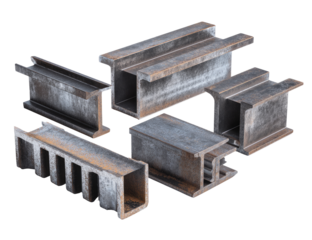 Assorted metal beams, various shapes and sizes, showing signs of age and weathering