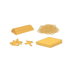 Various dried pasta shapes and ingredients isolated top view culinary food photography vector
