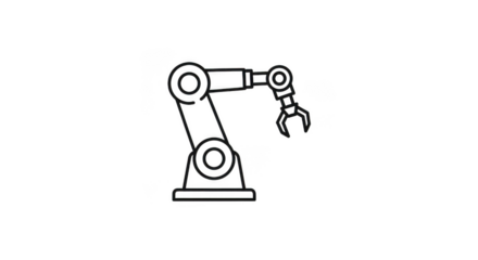 A simple black and white line drawing of a robotic arm, isolated on a plain transparent background, representing automation and industry
