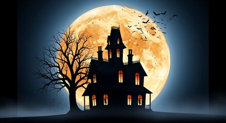Spooky Halloween Silhouette of Haunted House Under Full Moon with Bats