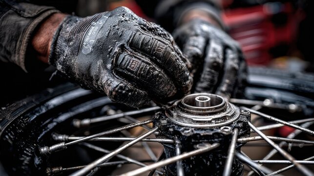 Professional Motorcycle Wheel Bearing Replacement with Protective Gloves Authentic Technical Repair for Modern Riders Marketing and Social Media Content - Powered by Adobe