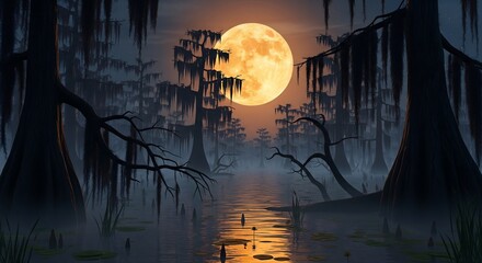 Spooky Halloween Swamp Landscape Under a Full Moon