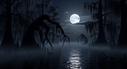 Spooky Halloween Swamp Scene Under a Full Moon