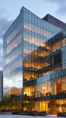Fototapeta premium Modern Premium Office Building Exterior with Glass Facade and Interior Activity Professional Corporate Space for Real Estate Marketing and Business Advertising
