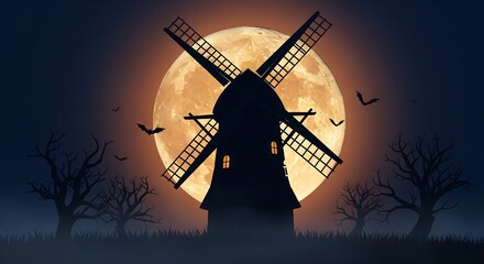 Spooky Halloween Windmill Silhouette Under a Full Moon