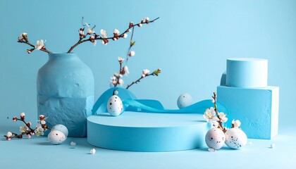 Pastel blue aesthetic scene with blossoms