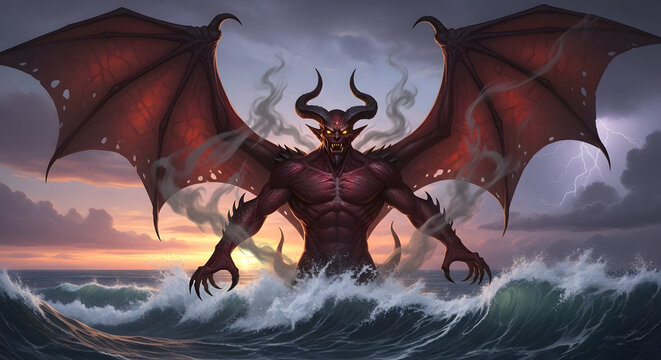 Demonic figure emerges from stormy seas under dramatic sky