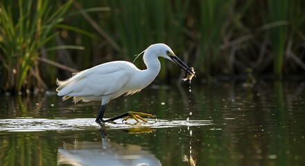 Snowy heron feeding