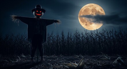 Spooky Scarecrow in a Cornfield at Night Under a Full Moon - Halloween Theme