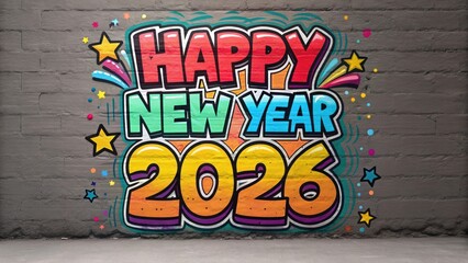 Fototapeta premium Vibrant graffiti style happy new year 2026 celebration message painted on a textured brick wall