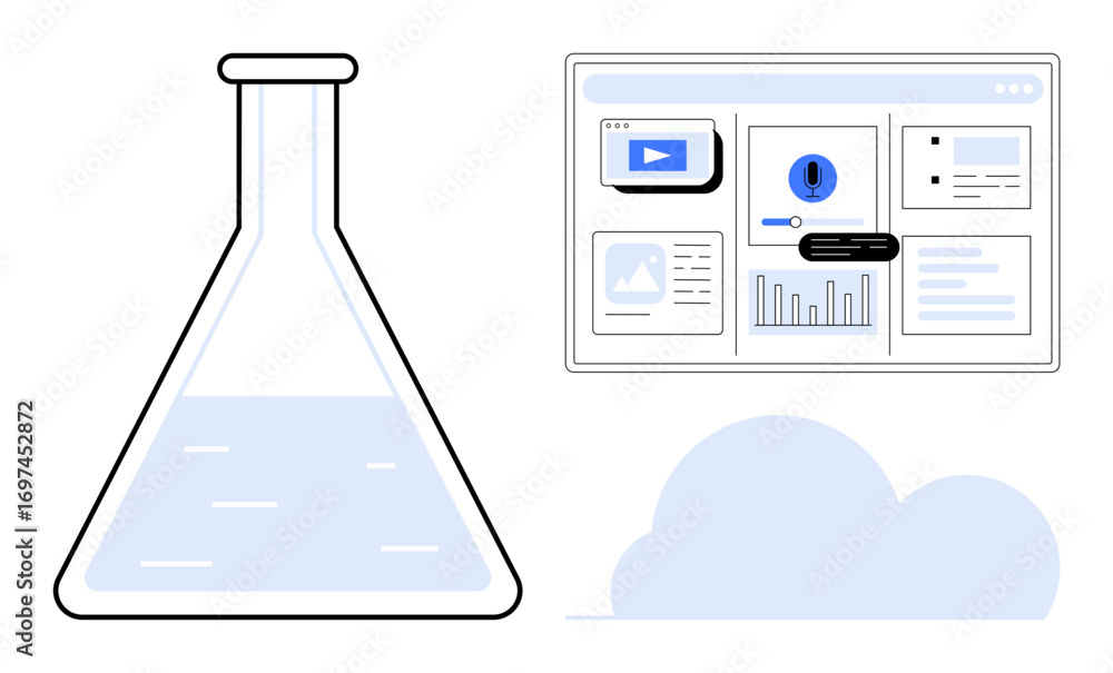 Poster laboratory flask with liquid next to a digital data dashboard showcasing charts, alerts, and media. 