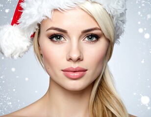 Woman wearing Santa hat,  holiday beauty