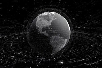 Black and White Globe with Digital Network Background Reflecting Earth and Data Connections in a High-Tech Environment