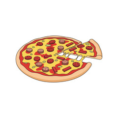 Delicious pepperoni and sausage pizza sliced with a piece removed isolated food illustration vector