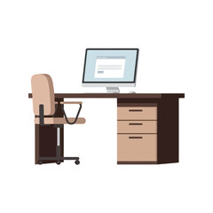 Modern office desk with computer monitor and rolling chair workspace setup vector