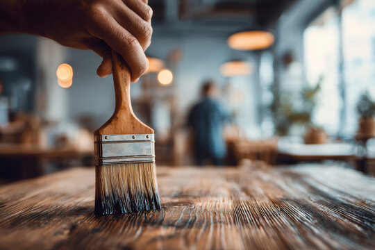 applying shellac over stian in wood table with a brush. AI generative.