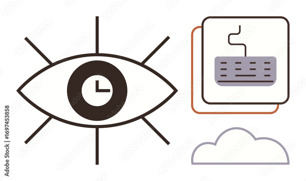 Poster eye with clock inside, layered keyboard diagram, and cloud symbolize data monitoring, accessible tim