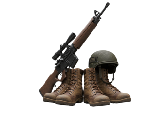 Military rifle boots and helmet isolated on transparent background