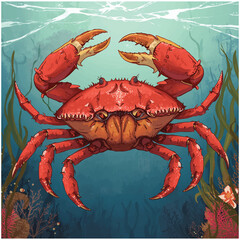 Ocean's Crimson King: A vibrant illustration showcases a crab in its marine habitat, its robust shell and formidable claws ready to explore.