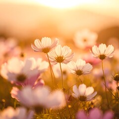 Soft-focus field of cosmos flowers bathed in golden sunset light