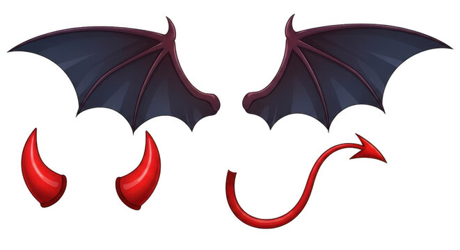 A pair of dark, leathery devil wings, two red devil horns, and a red devil tail with an arrow tip, all isolated on a transparent background