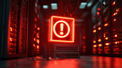 server room alarm icon hologram hovering above overheated rack risk mitigation metaphor illustration concept scene visual for commercial design use high detail quality stock image illustration concept
