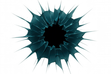 Fractured transparent glass creating radial splinter configuration, sharp crystalline fragments spreading from central hollow area, isolated on clear background