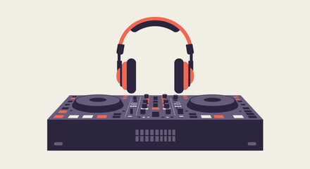 A sleek flat design vector illustration showcasing a DJ mixing deck and headphones, representing electronic music production and live DJ performances