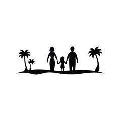Family on a tropical beach with palm trees, silhouette illustration art