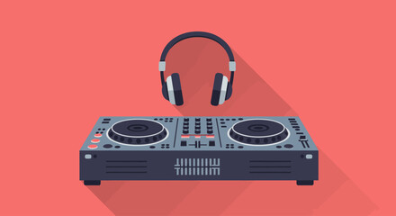 A sleek flat design vector illustration showcasing a DJ mixing deck and headphones, representing electronic music production and live DJ performances