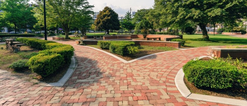 Modern Urban Park with Brick Pavement and Mature Trees Authentic Heat Adaptation Outdoor Space for Millennial Lifestyle Marketing Campaigns