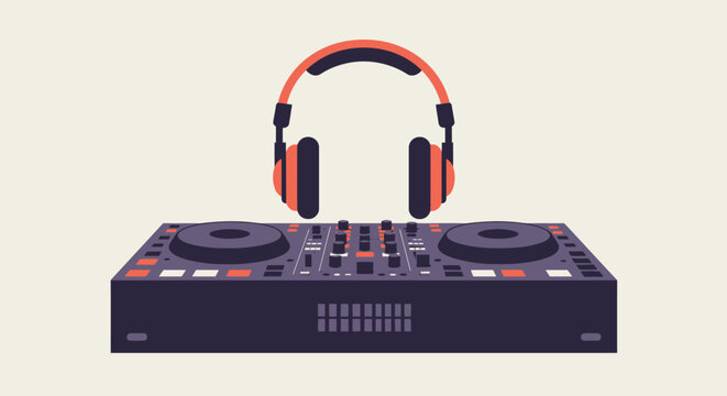 A sleek flat design vector illustration showcasing a DJ mixing deck and headphones, representing electronic music production and live DJ performances