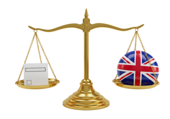 Scales of justice balancing a document and the union jack isolated on transparent background
