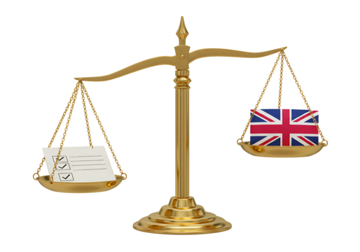Scales of justice balancing a document and the union jack isolated on transparent background