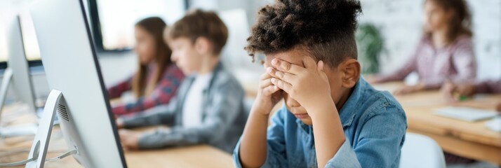 Authentic Schoolboy Experiencing Mental Fatigue Due to Air Quality in Classroom Premium Educational Wellness Content for Stress Awareness Campaigns