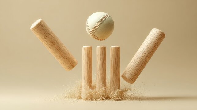 High-Quality Professional Cricket Practice Action with Ball Impacting Stumps and Flying Bails Modern Sporting Equipment for Marketing and Social Media Campaigns