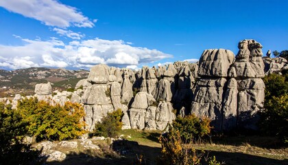 Rugged rock formations in a mountainous landscape under a partly cloudy sky