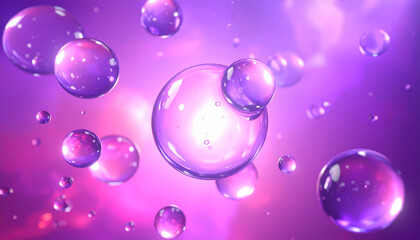 Shiny Transparent Purple Bubbles Floating in Soft Violet Light, Anthocyanin Lutein Concept