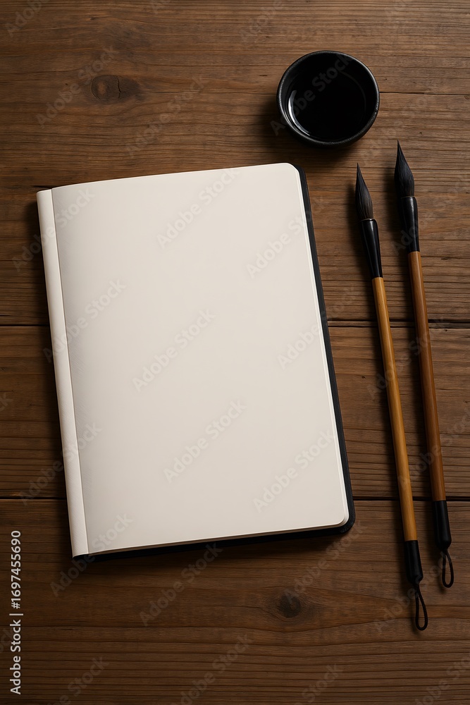 Poster top view of open blank notebook with paintbrushes and ink on wooden table for art