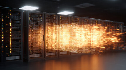 server room alarm icon hologram hovering above overheated rack risk mitigation metaphor illustration concept scene visual for commercial design use high detail quality stock image illustration concept