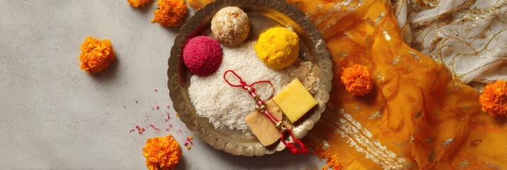 Authentic Temple Ritual Pooja Thali with Sweets, Rakhi, and Marigold Petals Premium Festive Content for Family Marketing and Social Media Campaigns © Ryzhkov
